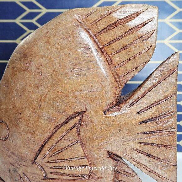Vtg Hand Carved Cedar Wooden Fish Sculpture Mid Century Ocean Life 3D Brown Boho - Picture 7 of 12